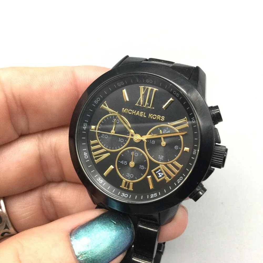Michael Kors Breken Womens Watch 40mm Black Chronograph MK-6302 New Battery 7.5" - Picture 9 of 15